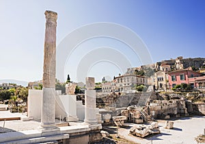 Athens, Greece, panoramic view of old town beautiful street with ruins and Acropolis