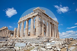 Athens, Greece. Parthenon temple on Acropolis hill, blue sky background