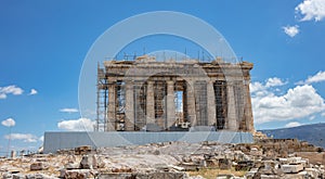 Athens, Greece. Parthenon temple on Acropolis hill, bright spring day