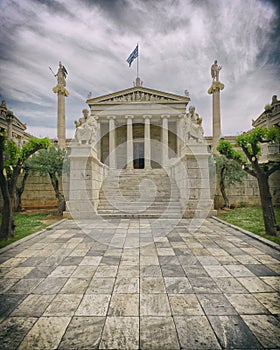 Athens Greece, Plato and Socrates statues in front of the national academy neoclassical building