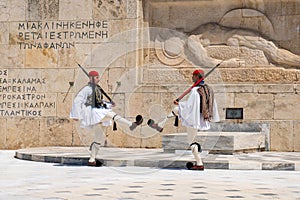 Athens, Greece - 27.04.2019: Presidential guards perform a ceremonial change of guard in front of the Tomb of the Unknown soldier