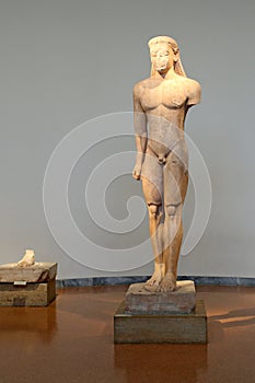 Athens, Greece, September, 03, 2016. Greek exhibits in museum of archaeology, Athens, Greece. This archaic period statue - so-call