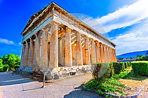 Athens, Greece: Temple of Hephaestus in a sunny day. Ancient Greek ruins. The Famous Hephaistos temple on the Agora in photo