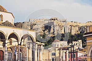 Athens, Greece. View of Acropolis and Plaka district from Monastiraki square. Popular travel destination in Europe. photo
