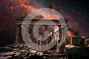 Athens at night, Greece. Fantasy view of Parthenon on Milky Way background. This old temple is top landmark of Athens. Beautiful