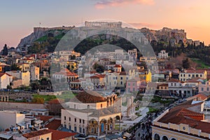 Athens old town and the Parthenon Temple of the Acropolis at sunset.