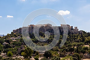 Athens - Panoramic view of the Acropolis seen from Areopagus Hill with the Propylaea to the foreground, Athens, Attica, Greece