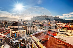 Athens - panoramic view of Monastiraki square and the Acropolis, Greece