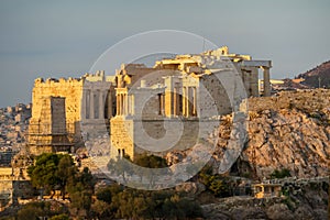 Athens - Panoramic view during sunset of the Parthenon of the Acropolis seen from Filopappou Hill, Athens, Greece