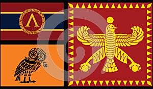 Athens and Sparta flags against Persian Empire flag. Ancient symbol Sparta, Athens polis vector illustration.