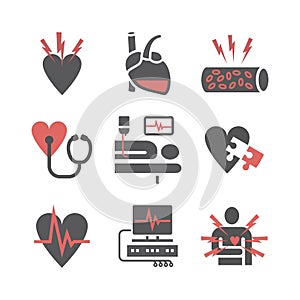 Atherosclerosis. Coronary artery disease. Treatment icons set. Vector signs for web graphics.