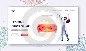 Atherosclerosis Health Care Landing Page Template. Tiny Medic Character Yell to Megaphone near Huge Blood Vessel