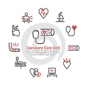 Atherosclerosis round banner. Line icons. Coronary artery disease. Treatment. Line icons set. Vector signs for web