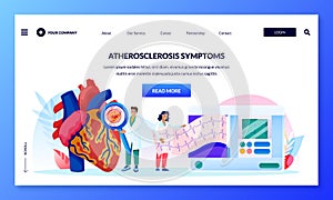 Atherosclerosis symptoms concept. Doctors diagnose human heart, blood vessels and do cardiogram. Vector illustration