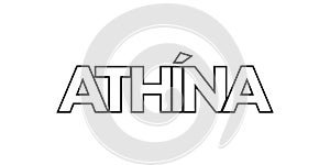 Athina in the Greece emblem. The design features a geometric style, vector illustration with bold typography in a modern font. The