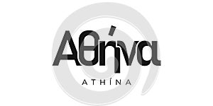 Athina in the Greece emblem. The design features a geometric style, vector illustration with bold typography in a modern font. The