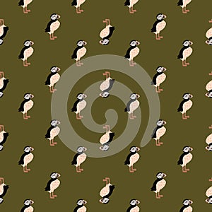 Athlantic seamless zoo pattern with little puffin bird elements print. Green olive background. Creative artwork