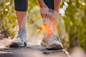 Athlete, ankle and joint injury on nature walk workout with muscle cramps and strain close up. Inflammation, pain and