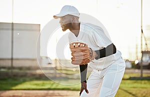 Athlete, baseball player or hand glove on field, sports or arena ground in game, match or competition. Black person