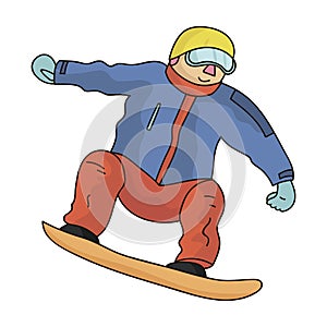 The athlete with the blue jacket and red pants on a snowboard.Snowboarder at the Olympics.Olympic sports single icon