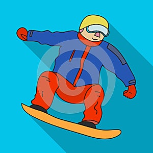 The athlete with the blue jacket and red pants on a snowboard.Snowboarder at the Olympics.Olympic sports single icon in