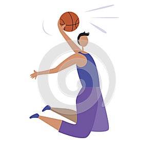 Athlete or character jumping with a ball in his hands as a concept of a game of basketball or competition, flat vector stock
