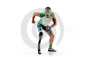 Athlete disabled amputee isolated on white studio background
