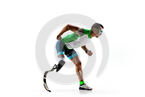 Athlete disabled amputee isolated on white studio background