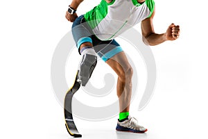 Athlete disabled amputee isolated on white studio background