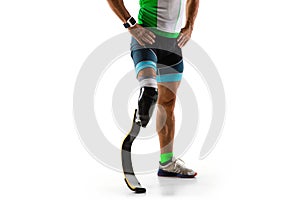 Athlete disabled amputee isolated on white studio background
