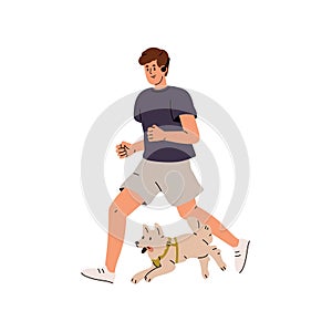 Athlete does sport with his dog together. Man training, jogging with fluffy puppy. Owner running during walk loyal doggy