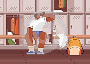 Athlete drinking water, sitting on bench in gyms dressing room with lockers. Black man with bottle in cloakroom after photo