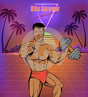 Athlete with dumbbells on banner. Fitness man on poster of 80s music festival in pop art style