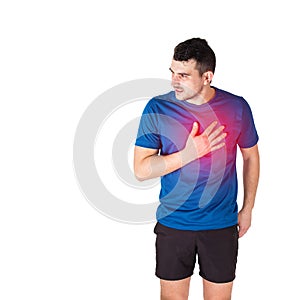 Athlete feeling heart attack or chest pain isolated over white background