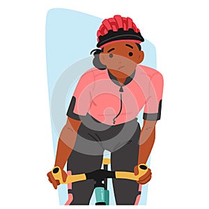 Athlete Female Character Racing. Sportswoman Cyclist, Brows Up And Lips Downturned, Pedals Fiercely, Vector Illustration