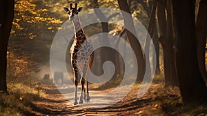 An athlete-giraffe running among the trees on his long legs