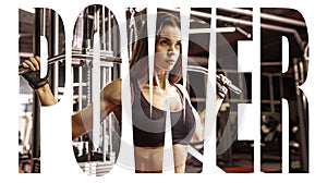 Athlete girl in sportswear working out and training her arms and shoulders with exercise machine in gym. Motivation sign.