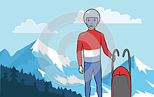 Athlete Luger is standing with sledge on the background of a mountainous landscape. Winter sport, Luge. Vector