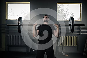 Athlete Man Do Workout With Barbell .