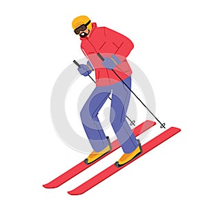 Athlete Man in Warm Clothes, Helmet and Sunglasses Skiing Isolated on White Background. Skier Riding Downhills at Winter