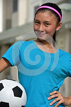Athlete Minority Female Soccer Player And Happiness With Soccer Ball