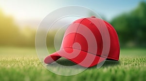 Athlete modern baseball red cap with realistic on a mockup template in a grass in a stadium