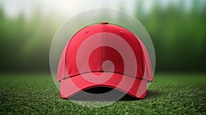 Athlete modern baseball red cap with realistic on a mockup template in a grass in a stadium