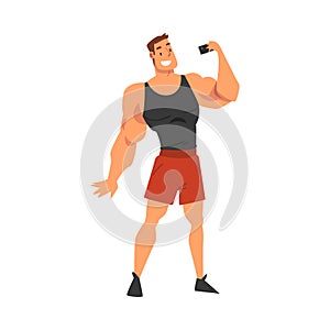 Athlete Muscular Man Taking Selfie Photo, Male Character Photographing Himself with Smartphone Cartoon Vector