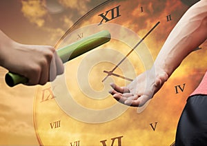 Athlete passing the baton to teammate against clock background