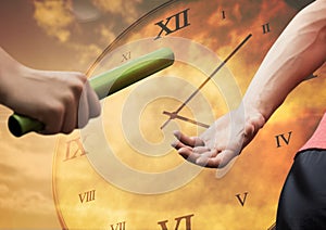 Athlete passing the baton to teammate against clock background photo