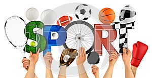 Athlete people holding up colorful letter with word Sport decorated with sports goods cycling wheel ball motorsport helmet