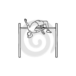 Athlete performing high jump hand drawn outline doodle icon.