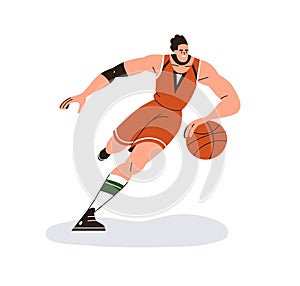 Athlete playing basketball, running, dribbling orange ball with hand. Happy man player rushing at sport game. Active