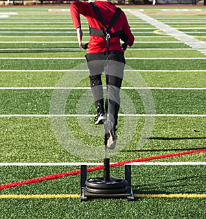 Athlete pulling a sled with weights